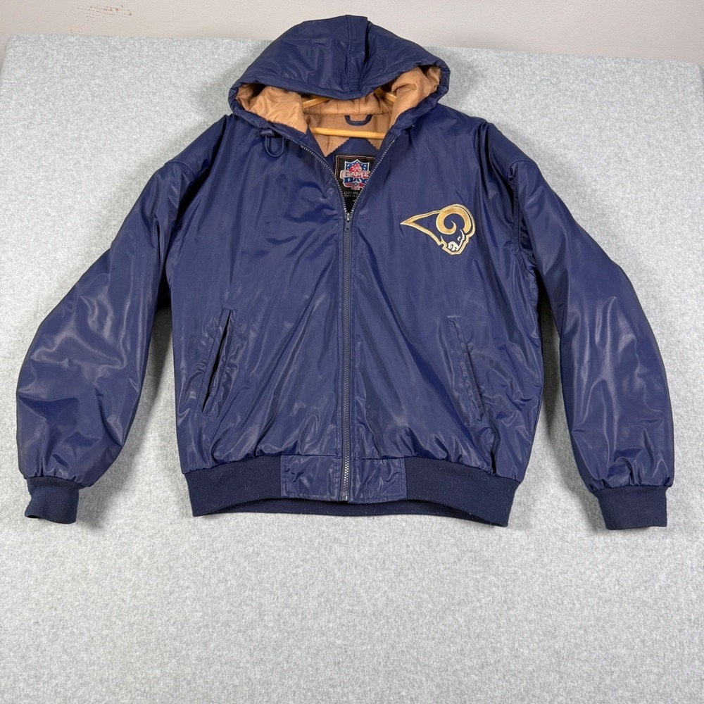 Vintage NFL Game Day St. Louis Rams Hooded Bomber Jacket Navy Blue Mens Medium